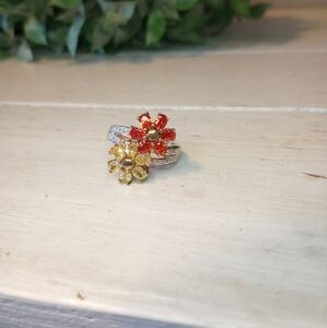 Citrine Spessartine Diamond Spinel Floral Ring Gold Vermeil Over Sterling VTG 9